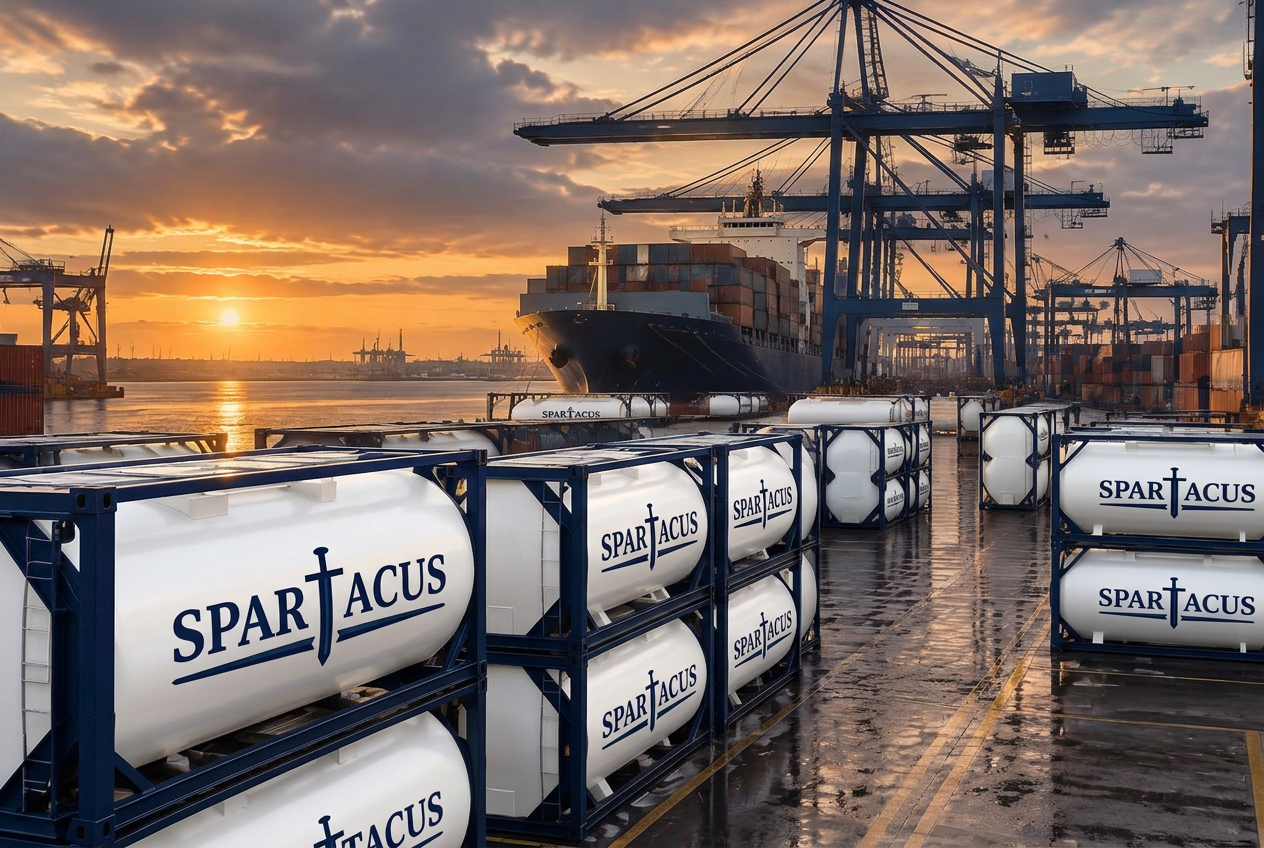 Tank containers, vessel and cranes at an international port